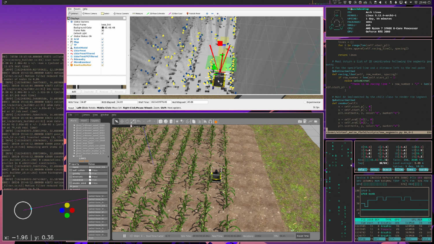 Simulation eines Feldroboters im Virtual Maize Field in Gazebo und Ansicht der Sensordaten in rviz