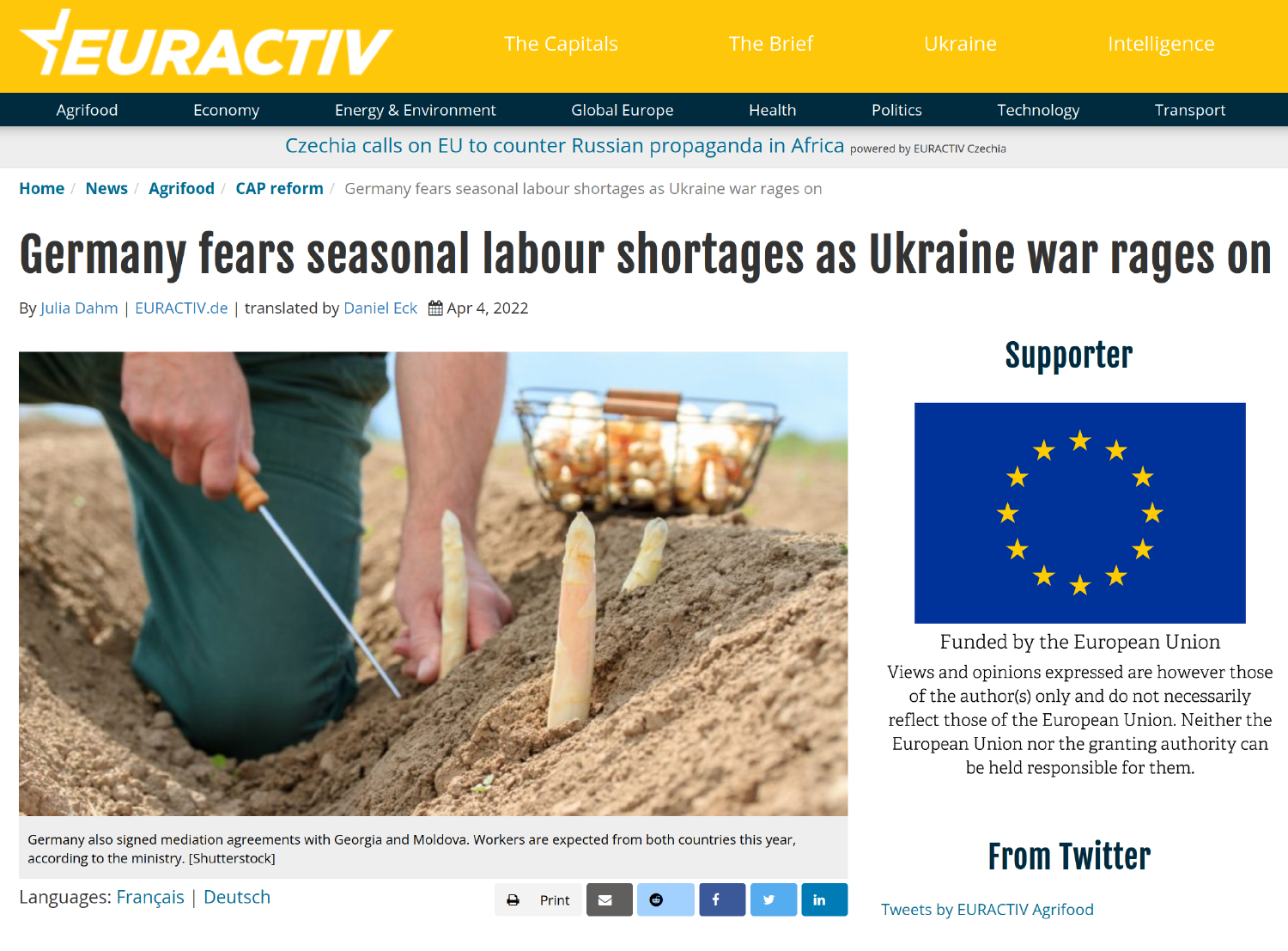 ein Screenshot der Website euractiv mit einem Artikel mit dem Titel: Germany fears seasonal labour shortages as Ukraine war rages on.
