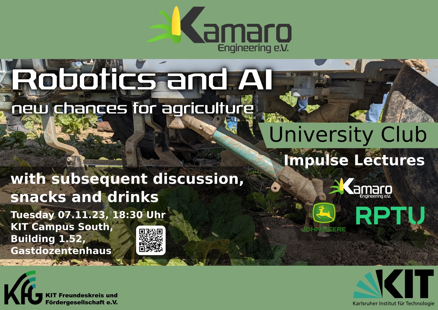 Flyer für den KFG University Club. Einladung für den 07.11.2023 um 18:30 Uhr im Gastdozentenhaus des KIT am Campus Süd. Vorträge von Kamaro, John Deere und RPTU.